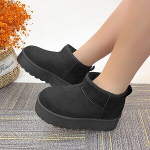 Women BLACK Winter Slip On Warm Fur Suede Snow Ankle Boots Slipper 2 Inch Sole